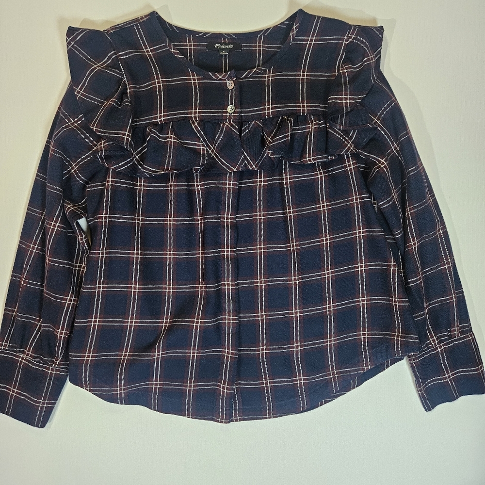 Madewell Blouse‎ Womens Small Blue Red Flannel Pattern Ruffle Front Preppy Style